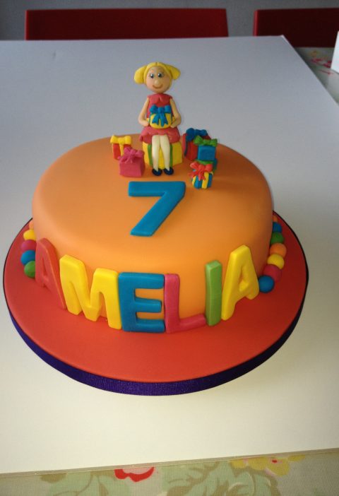 Bright birthday cake with girl sitting on the top and the name Amelia on the side