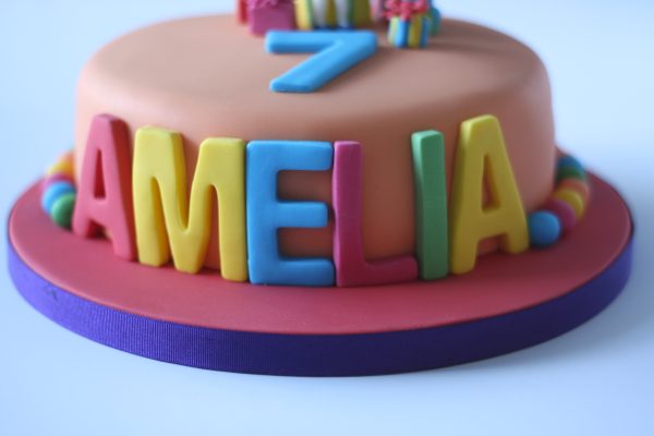 Bright birthday cake with girl sitting on the top and the name Amelia on the side