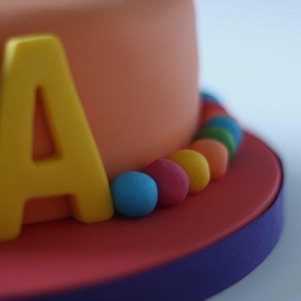 Bright birthday cake with girl sitting on the top and the name Amelia on the side