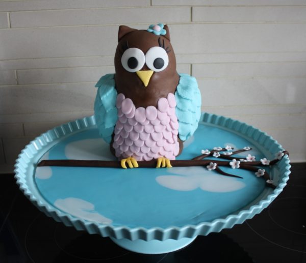 Layered 3d Owl birthday cake sitting on a branch in a blue sky