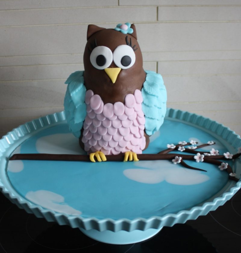 Layered 3d Owl birthday cake sitting on a branch in a blue sky