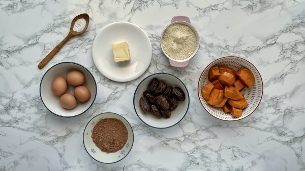 All the ingredients you need to make sugar free sweet potato brownies
