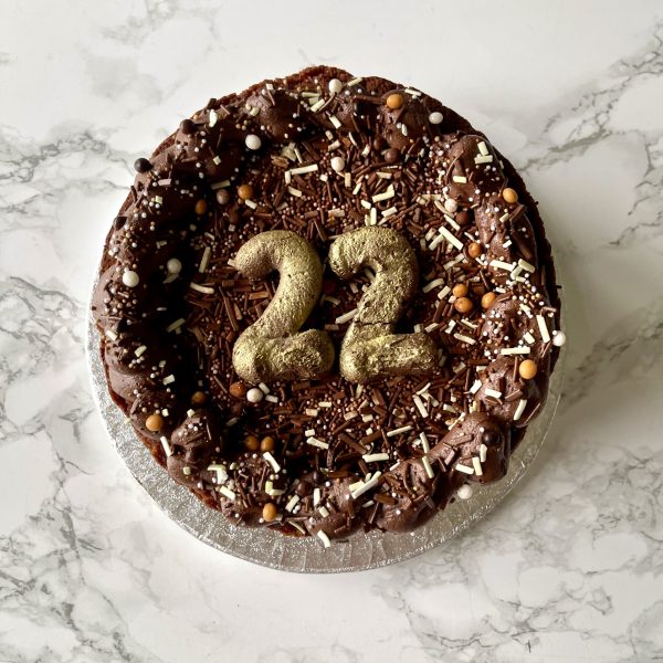 Egg Free chocolate cake with sprinkles ready to eat