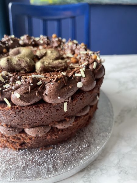 Egg Free chocolate cake with sprinkles ready to eat