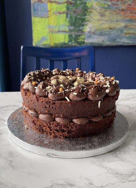 Egg Free chocolate cake with sprinkles ready to eat