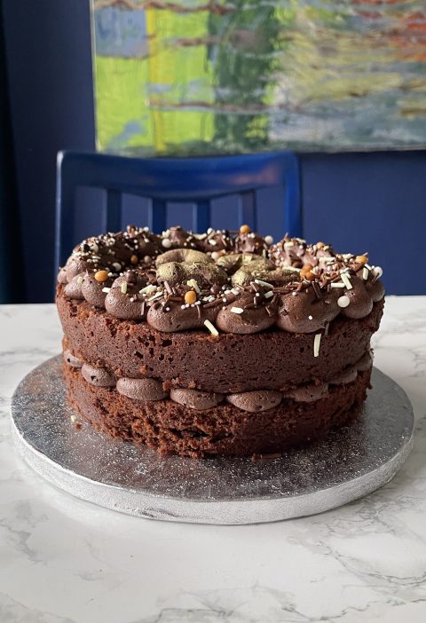 Egg Free chocolate cake with sprinkles ready to eat